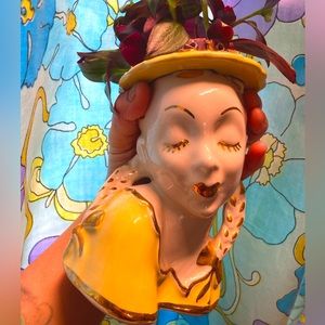 Vintage lady head vase with pigtails and 24k gold paint details